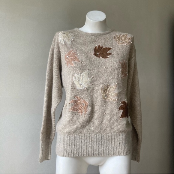 Cristina | Vintage Silk Blend Autumn Leaf Beaded Angora Embroidered Crew Sweater - Picture 2 of 8